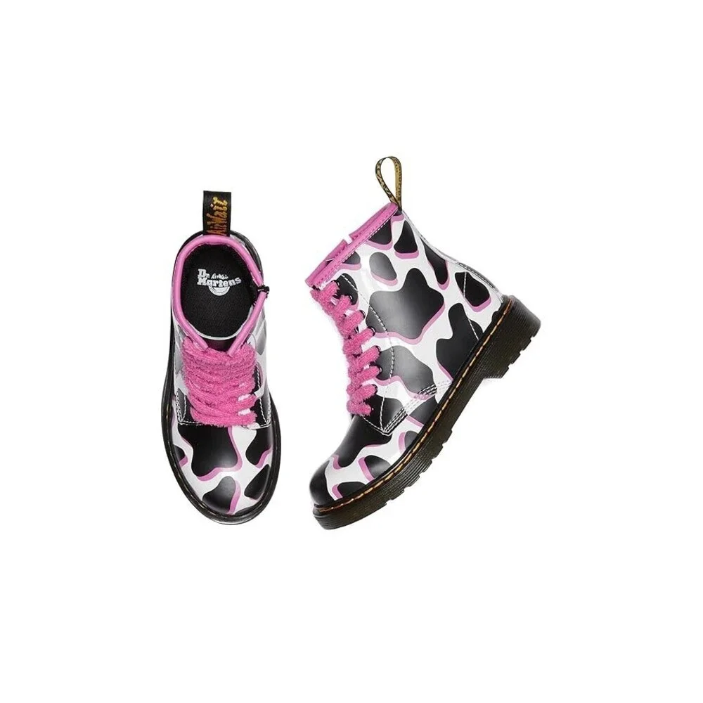 Dr. Martens 1460 Kids 4 Black White Pink Cow Print Patent Lamper Boots JOBB025
